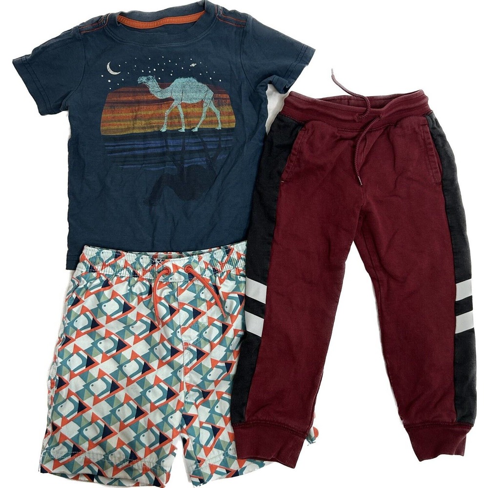Tea Collections bundle— blue camel tee, jogger pants, swim shorts, sz 3T